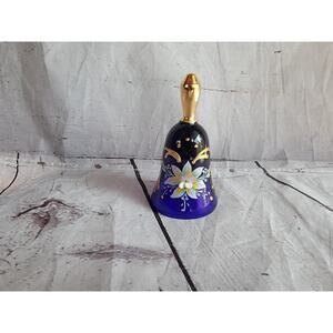 Czech Bohemian Gold Enamel Cobalt Blue Glass Floral Hand Held Bell